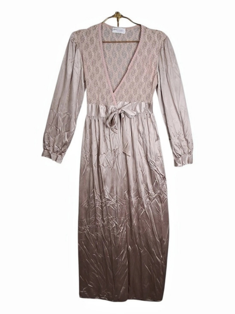 VTG Cinema Etoile Satin Lace Long Nightgown Gown Dress Champagne Small Romantic